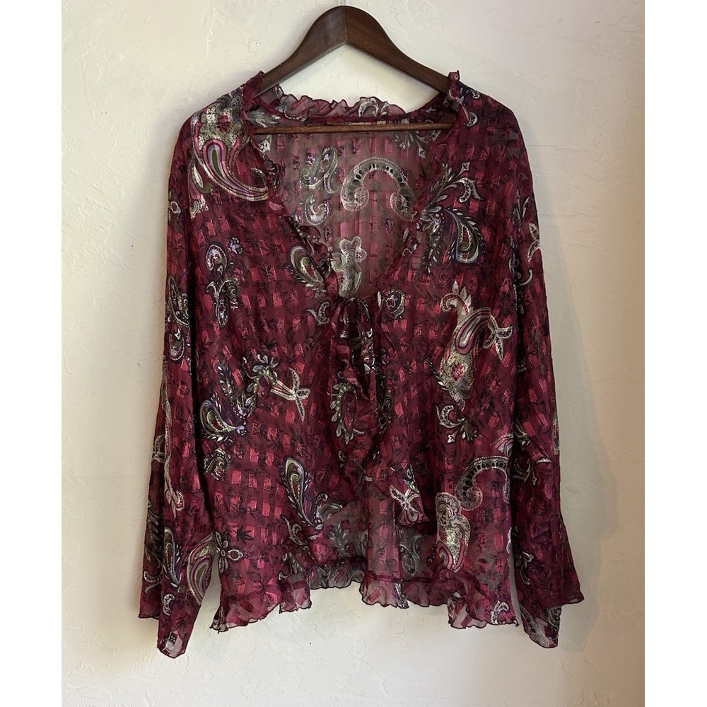 Vintage 90s Y2K Sheer‎ Ruffle Tie Front Cardigan Top 1X Whimsigoth Fairy Grunge